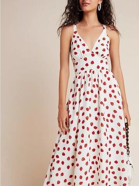 Yumi Kim White Midi Dress with Red Strawberry Print